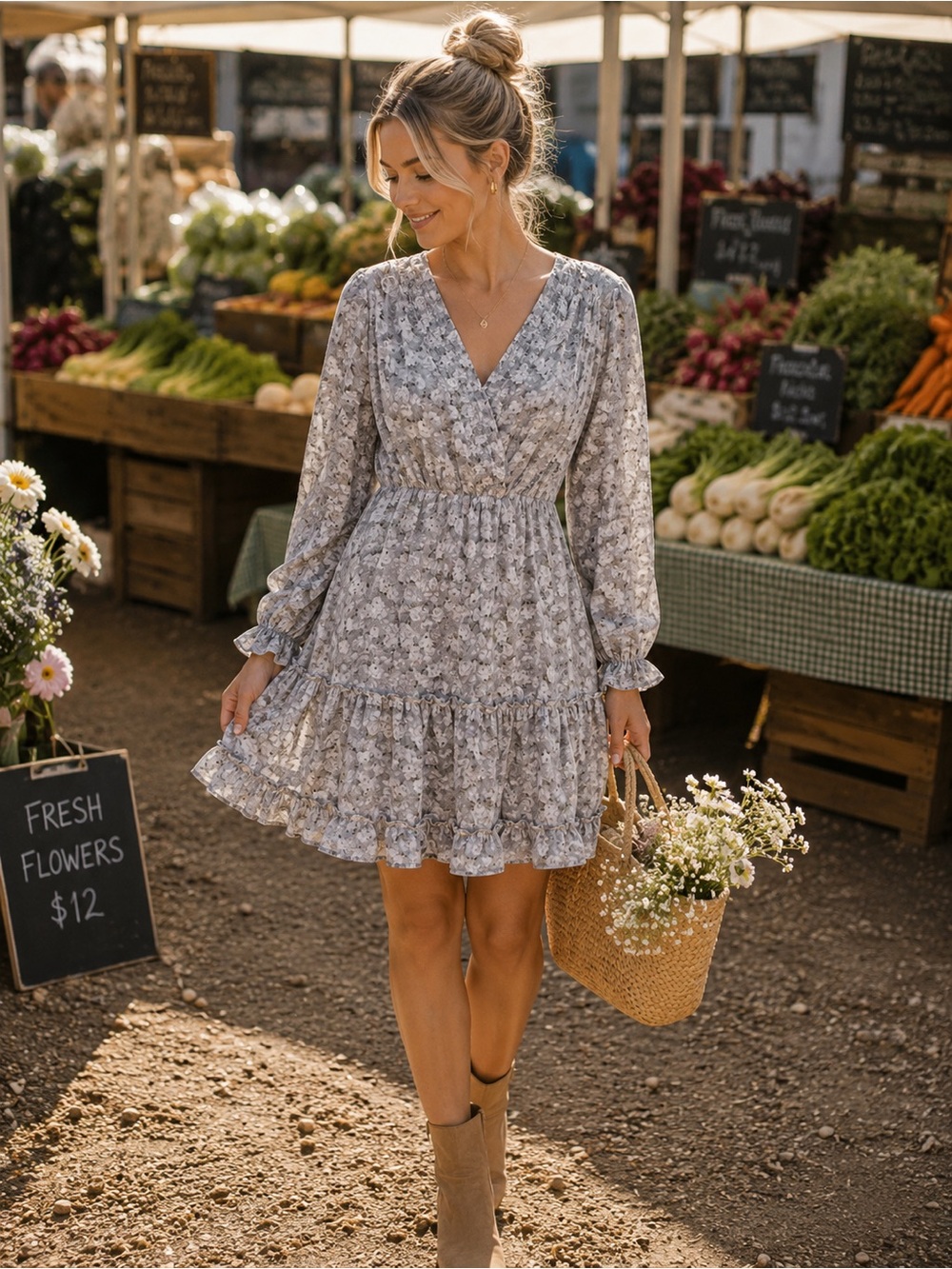 Mikarose Grey Floral Long Sleeve Smocked Tiered Midi Dress Modest Medium M